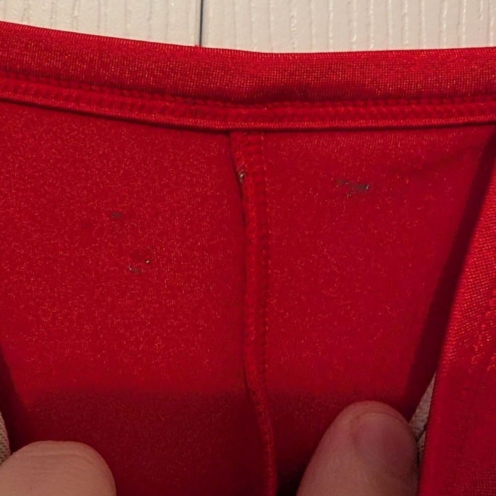 Real Y2K Vintage Simon Chang Wrap Red One Piece Swimsuit w Gold Detail Size 14 - Picture 14 of 16